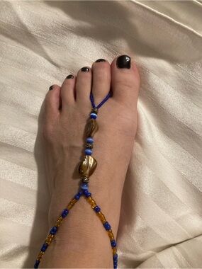 Beaded Barefoot Sandal in Blue and Amber